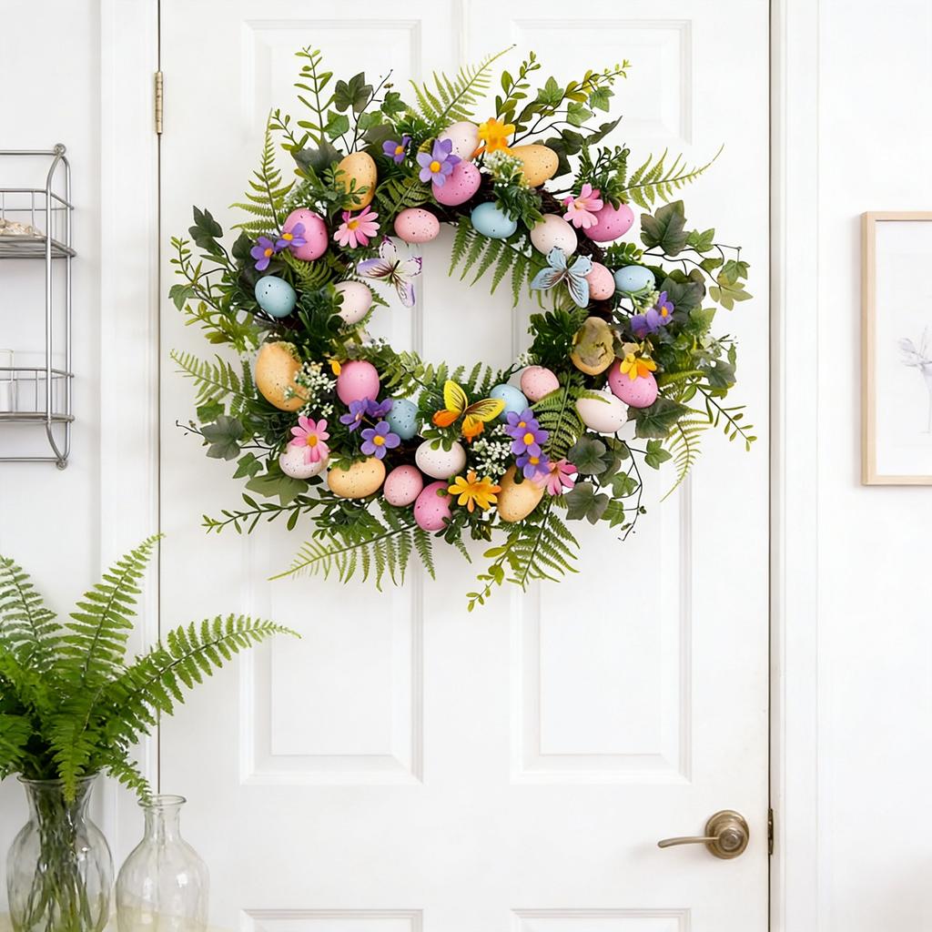 Easter Decor Wreath - Artificial Foliage, Blooms & Egg Accents | Festive Door/Wall/Porch Ornament For Home & Easter Parties | Reusable Spring Holid