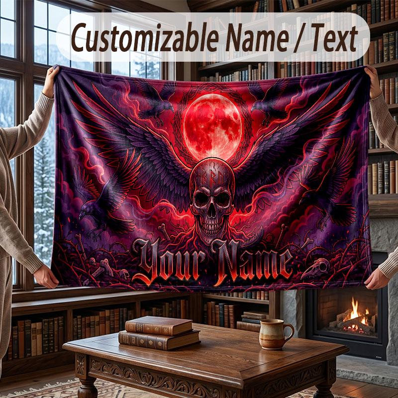 Skull Gothic Theme Throw Blanket Custom Name Text Personalized Blanket Soft Cozy Blanket for Home Sofa Bed