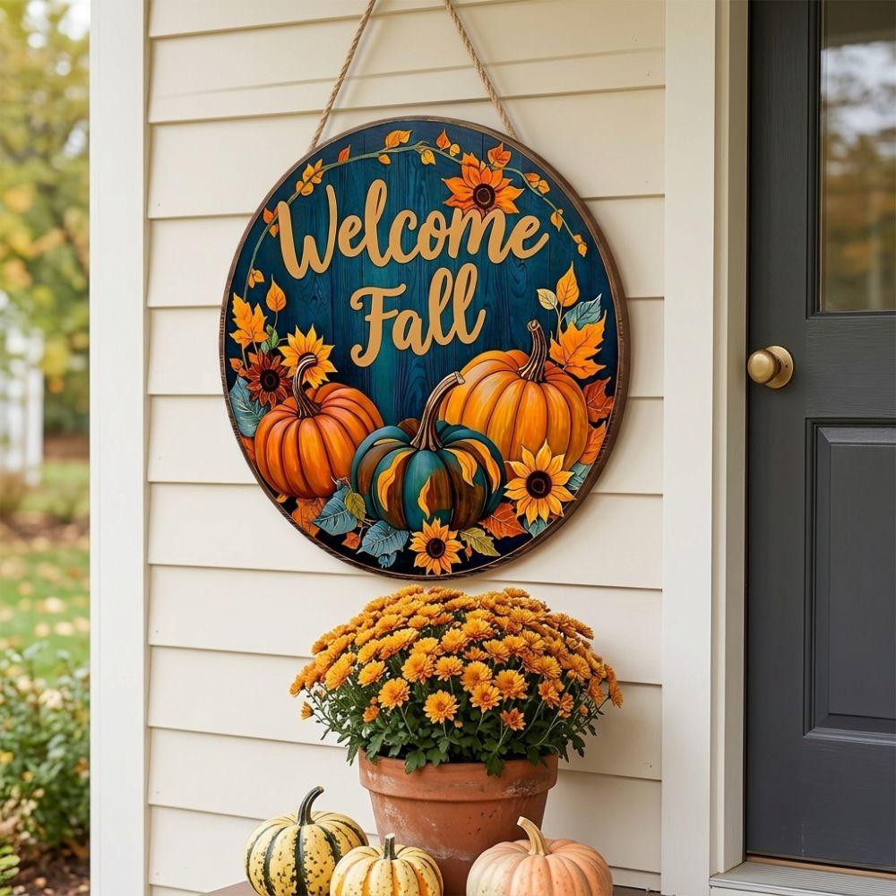 Rustic Welcome Fall Round Wooden Sign Vintage Style Autumn Harvest Wall Decor Thanksgiving