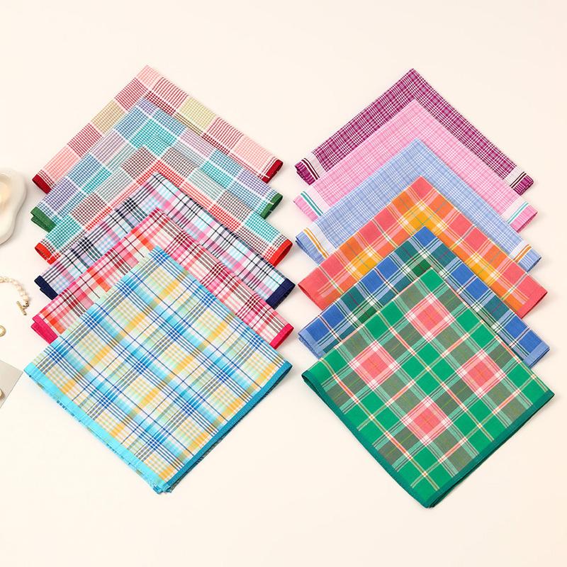 3Pcs Handkerchief Thin Pure Cotton Water-Absorbent Plaid Handkerchief Sweat-wiping Color Mixing 3Pcs