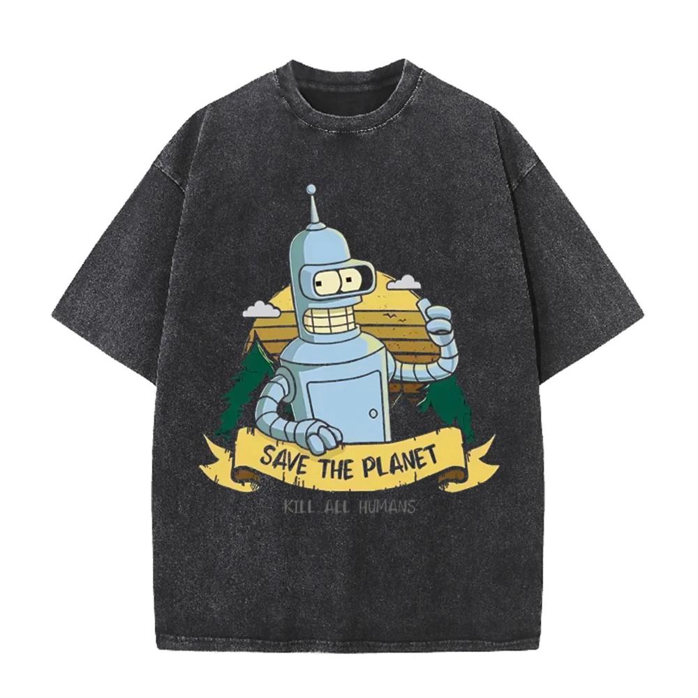 2026 New Hot Fashion Save The Planet Kill All Humans Funny Tops Robot Print Summer Tshirts Men Women Short Sleeve Cotton Tops