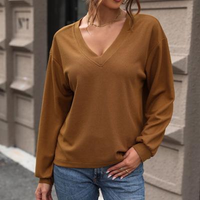 Women T-shirt V-Neck Long Sleeve Solid Color Loose Fit Tee Shirt Soft Stretchy Pullover Tops Daily Wear