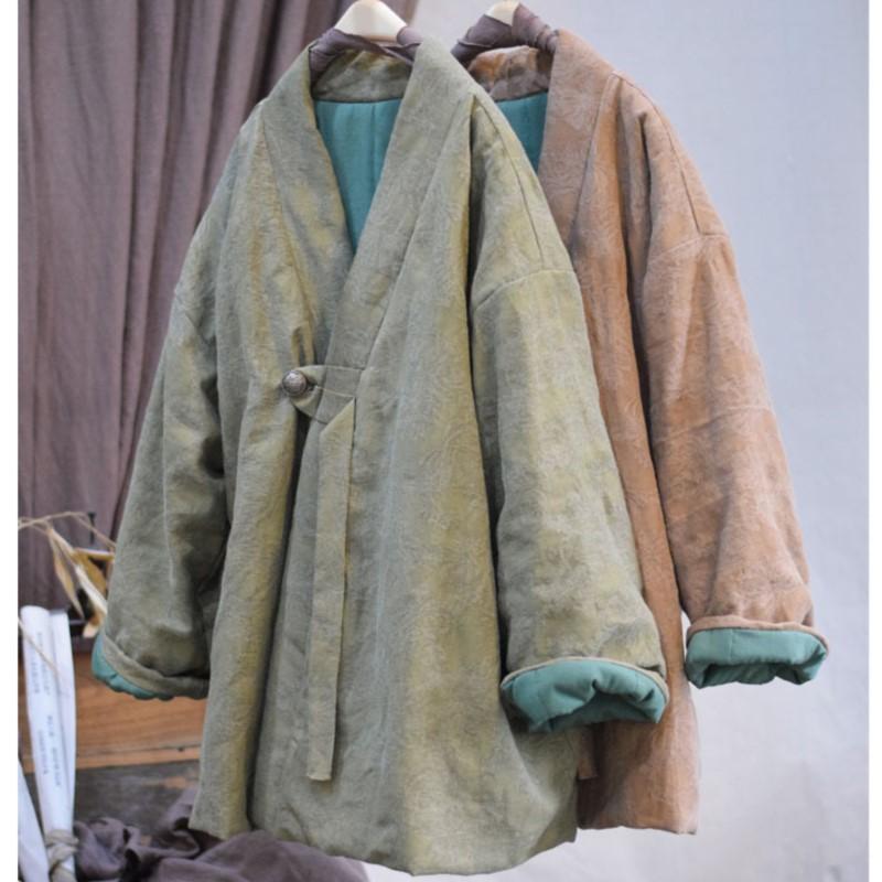 Johnature Damen Vintage V-Ausschnitt Langarm Jacquard Mäntel Winter Chinesischer Stil Warme Mäntel