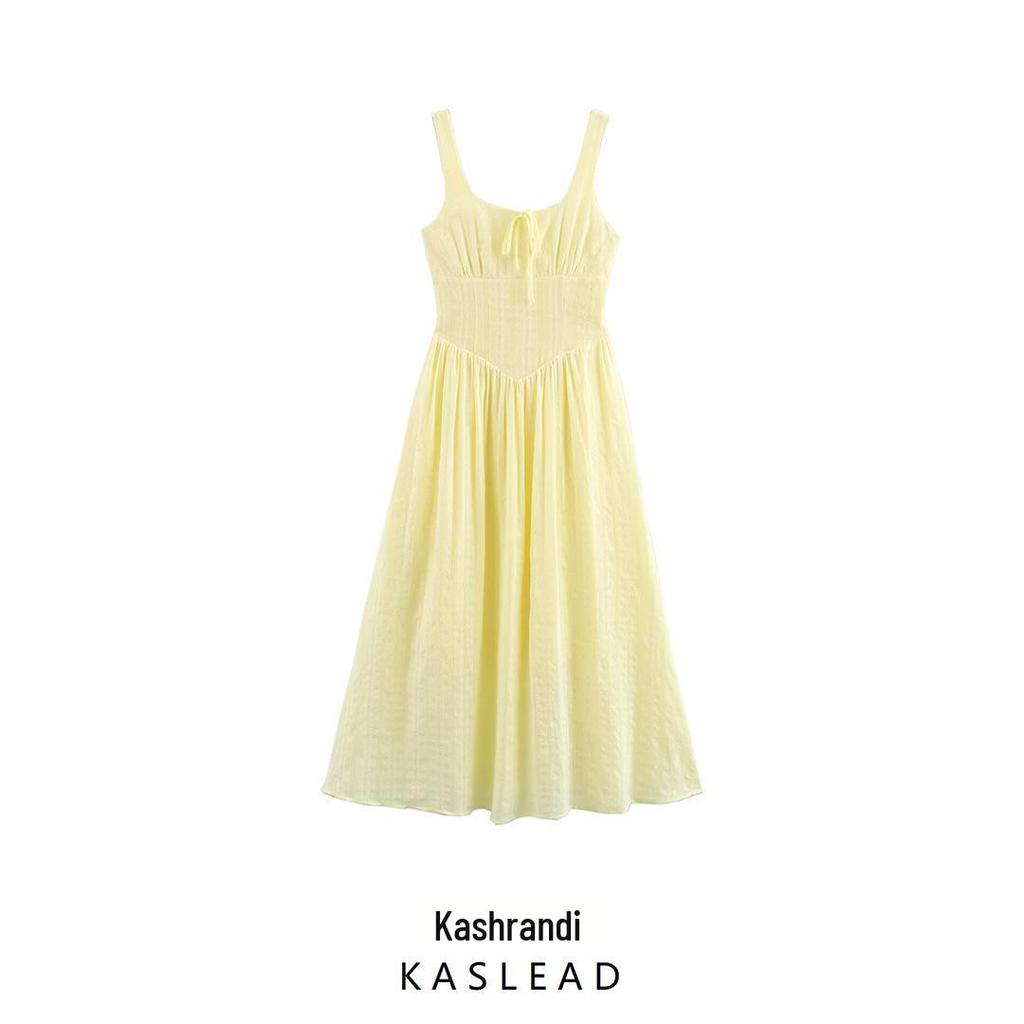 Rochie lungă texturată de primăvară 2025 pentru femei, stil european și american, cu bretele spaghete și fundă la piept.