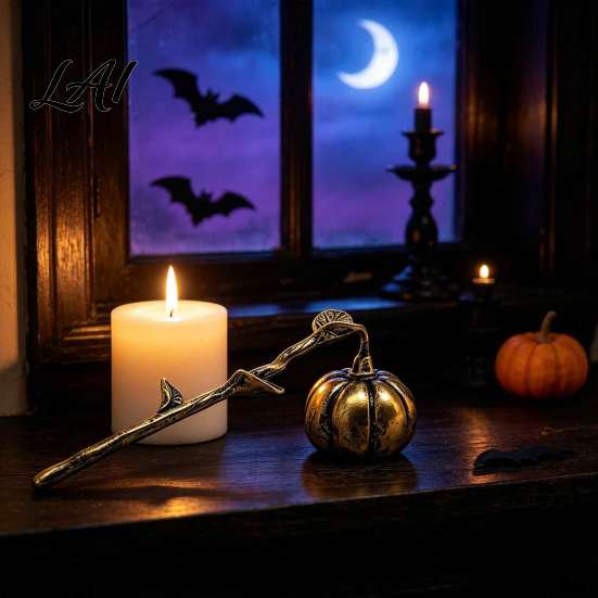 Aged Metal Candle Snuffer Pumpkin with Long Handle Halloween Theme PET Accessory Extinguisher Decorative Wick Stopper for Home Table Decoration
