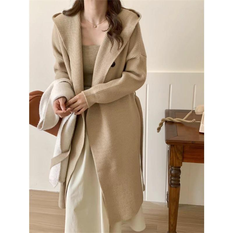 Autumn and Winter New Temperament Hooded Knitted Cardigan Coat Women's Medium and Long Loose and Thin Sweater Jacket