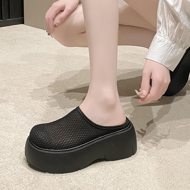 Mules compensées en maille pour femmes, sandales à plateforme, talons hauts, escarpins à bride arrière, été 2024