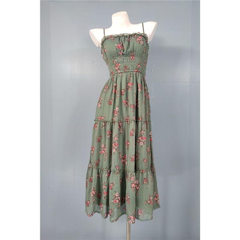 Foreign Trade Order Summer New Sling Exquisite Print Vacation Slimming Island Waist Hugging A Word Big Hemline Sweet Dress