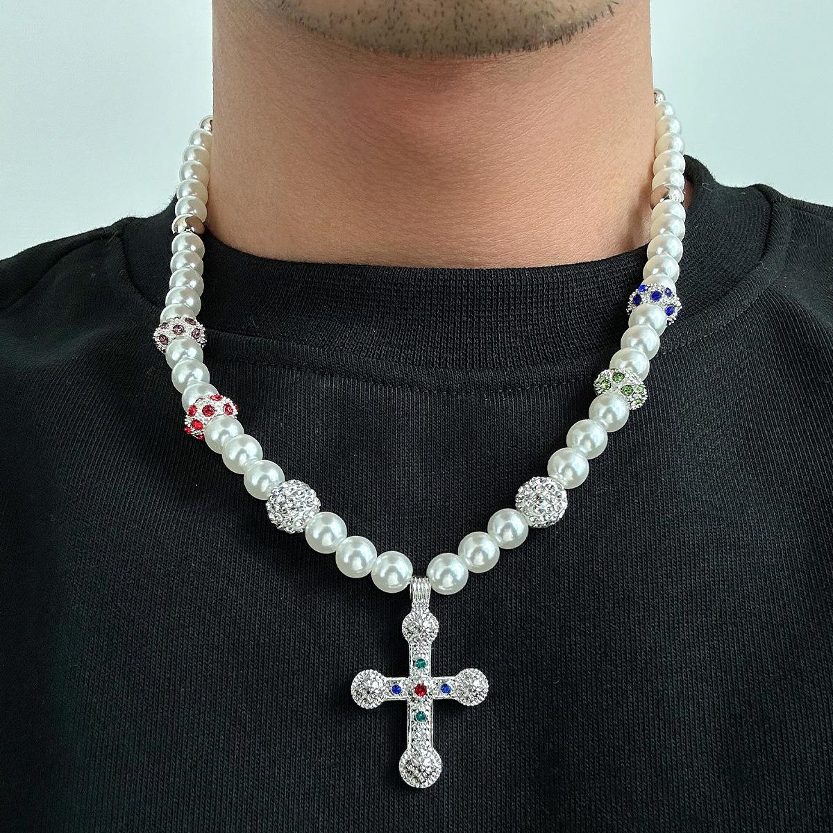 

Ingemark Punk Big Cross Jesus Pendant Choker Necklace Men Vintage Imitation Pearl Crystal Chain Grunge Jewelry Steampunk Male
