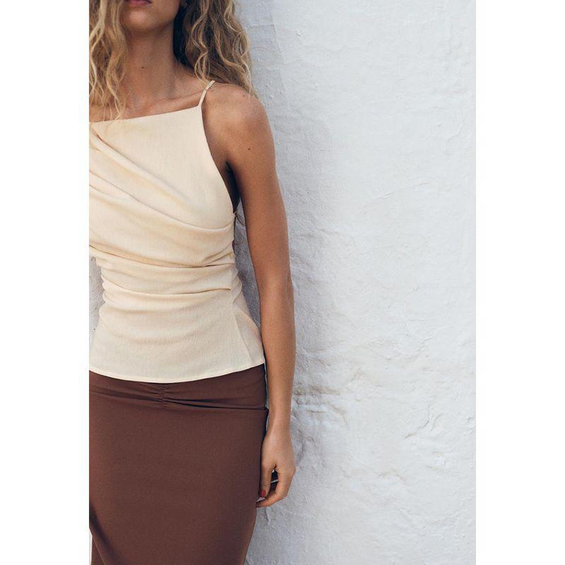 Summer New Product Women's Clothes Vacation Style Pleated Design Fashion Stretch Straight Collar Open Back Tops 5039351