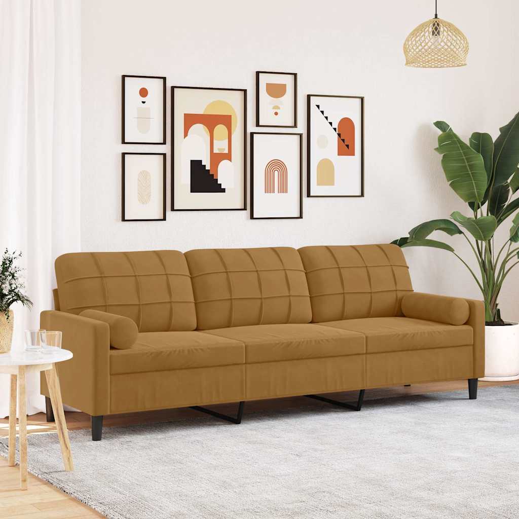 3 Seater Sofa with Decorative Cushions Brown 210 Cm Velvet