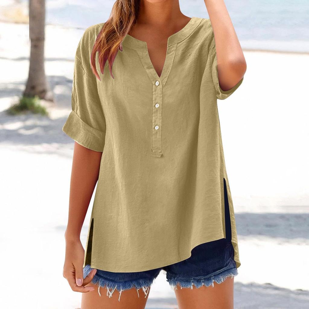 Women's Summer Casual V-neck Button Shirt Solid Color Short Sleeve Hem Split Cotton Blouse