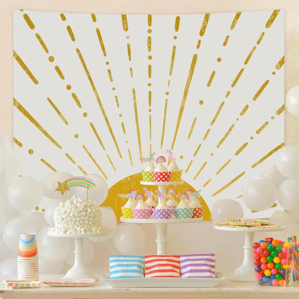 Kanuyee Gold Boho Burning Sun Tapestry Wall Hanging, Retro 70s Abstract Vintage Geometric Line Sunrise Tapestries for Bedroom Living Room Backdrop