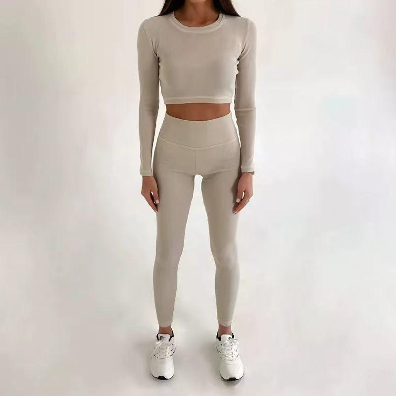 

Western Style Tight Sports Casual Long sleeve Top Trousers Set Slim Fit Top and Pants Set Light gray XXL