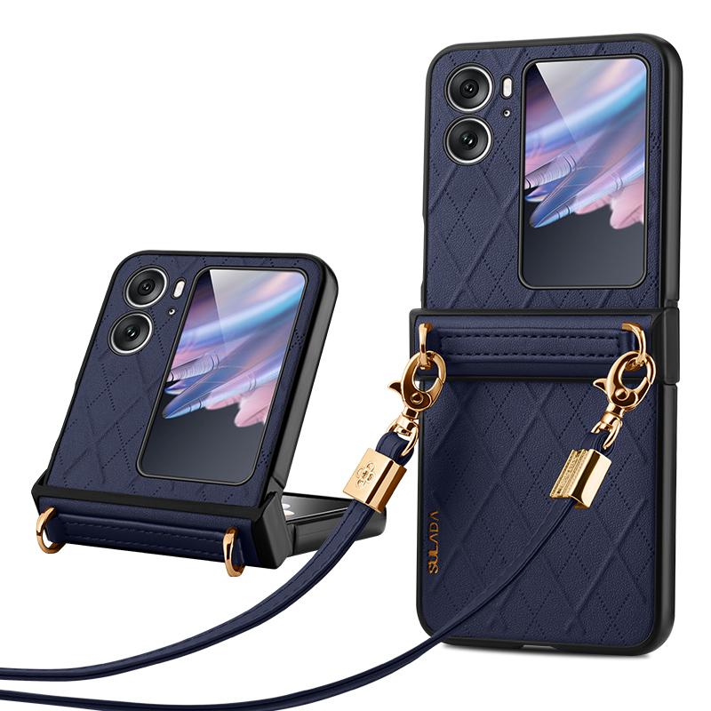 

SULADA For Oppo Find N2 Flip 5G Folding Phone Case Imprinted Leather Coated PC Cover with Shoulder Strap Sapphire
