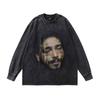 European And American High Street Spoof Print Vintage Hip Hop Retro Wind Wash Water Round Neck Long Sleeve Bottoming T-Shirt Men And Women