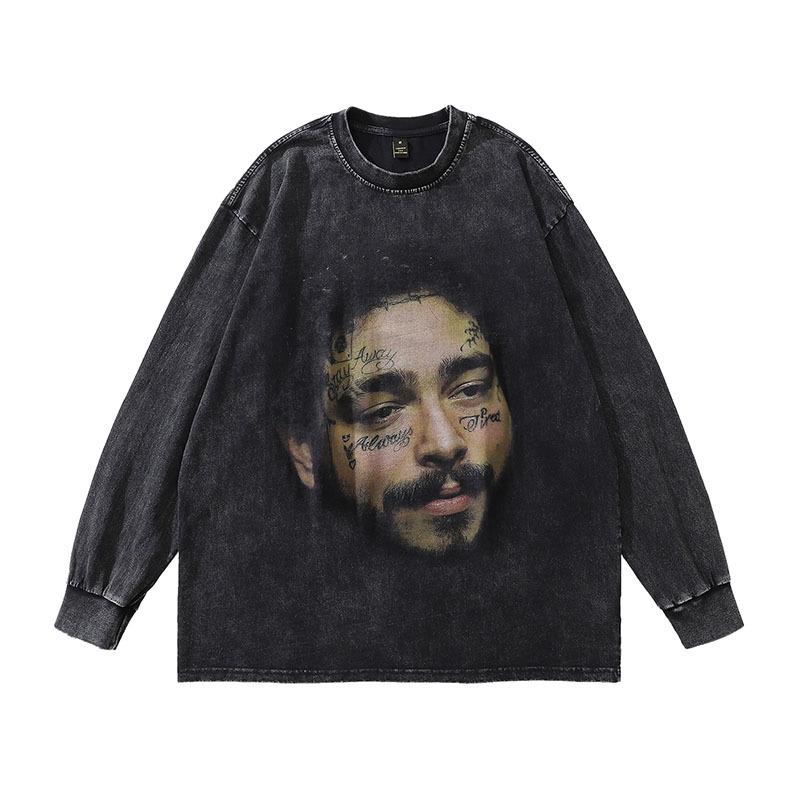 European And American High Street Spoof Print Vintage Hip Hop Retro Wind Wash Water Round Neck Long Sleeve Bottoming T-Shirt Men And Women