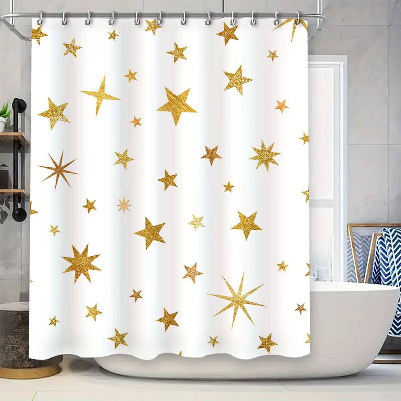

Gold Star Shower Curtain White Gold Shimmering Bathroom Decor For Home Decoration Rectangular Size: 69 X 70 In (175 X 180 Cm) Wi W60H190(CM)-1 Pcs