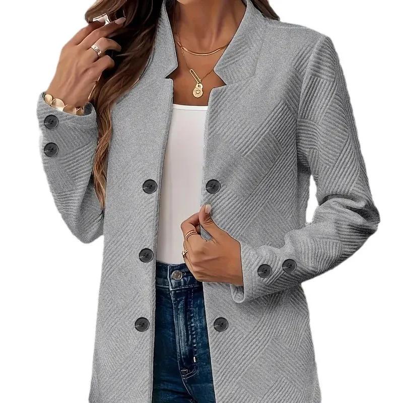 Spring Autumn Winter Fashion Plain Textured Double Breasted Cardigan Decorative Inner Pocket Long Sleeves