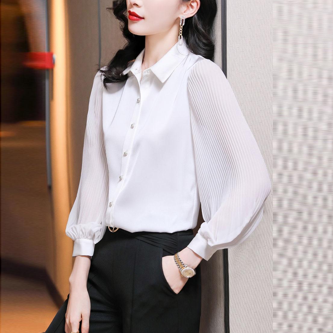 

Women s Shirt Spring Autumn New Elegant Folds Lantern Long Sleeve Blouse Fashion Office Lady Solid Turn-down Collar Tops Ladies L білий