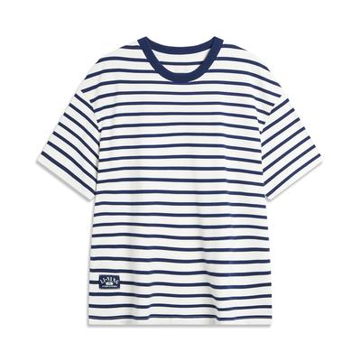Li Ning Weekend Youth High Street American Vintage Striped Round Neck Casual Loose Soft Short Sleeve T-Shirt Unisex Tops Off-White Deep-Navy AHSU659-3