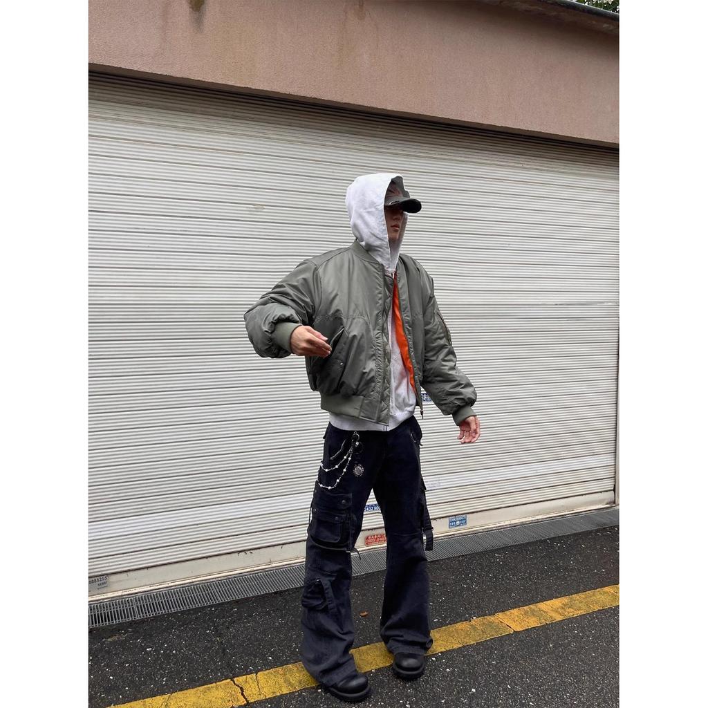 Unisex American-Style MA1 Bomber Jacket: Solid Color, Short, Wide, Loose-Fit Deconstructed Cotton Coat, Trendy Heavyweight Outerwear