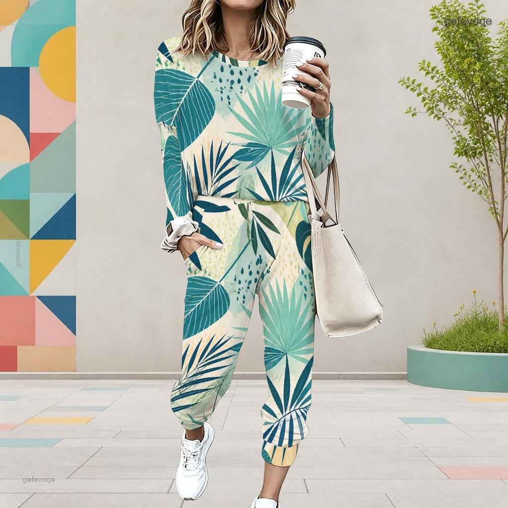 Women Plus Size Two Piece Set Round Neck Long Sleeve Tropical Leaf Printed Cuffed Top Cuffed Pants With Pockets