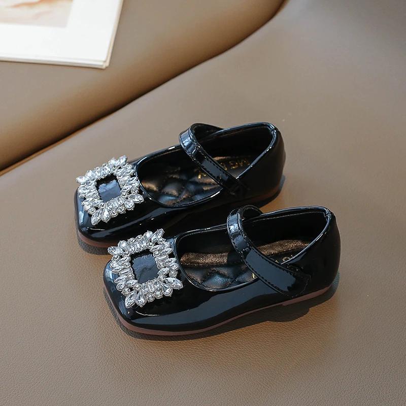 Girls Leather Shoes Chic Korean Style Rhinestones Buckle Little Big Kids Princess Mary Jane Children Fashion Dress Flats Sweet