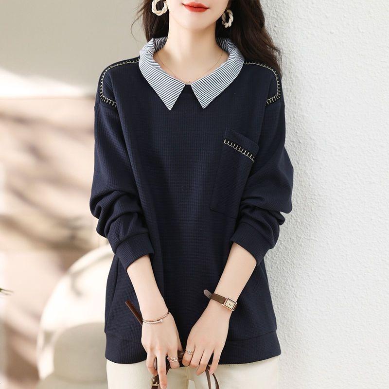 

Women s Plus Size Korean Style Faux Two-Piece Long Sleeve Casual Hoodie - 2026 Spring/Autumn, Age-Reducing, Stylish Loose Fit, Belly Covering. 4XL for 156-170 lbs темно-синий