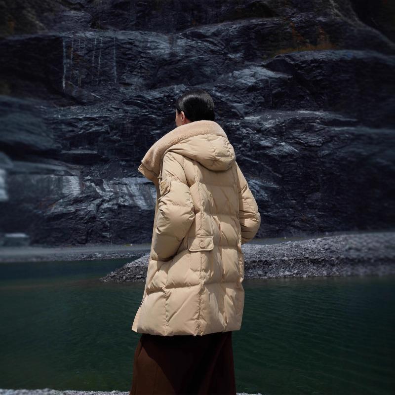 

Winter new medium and long down jacket women s thickened warm hooded splicing loose down jacket L хакі