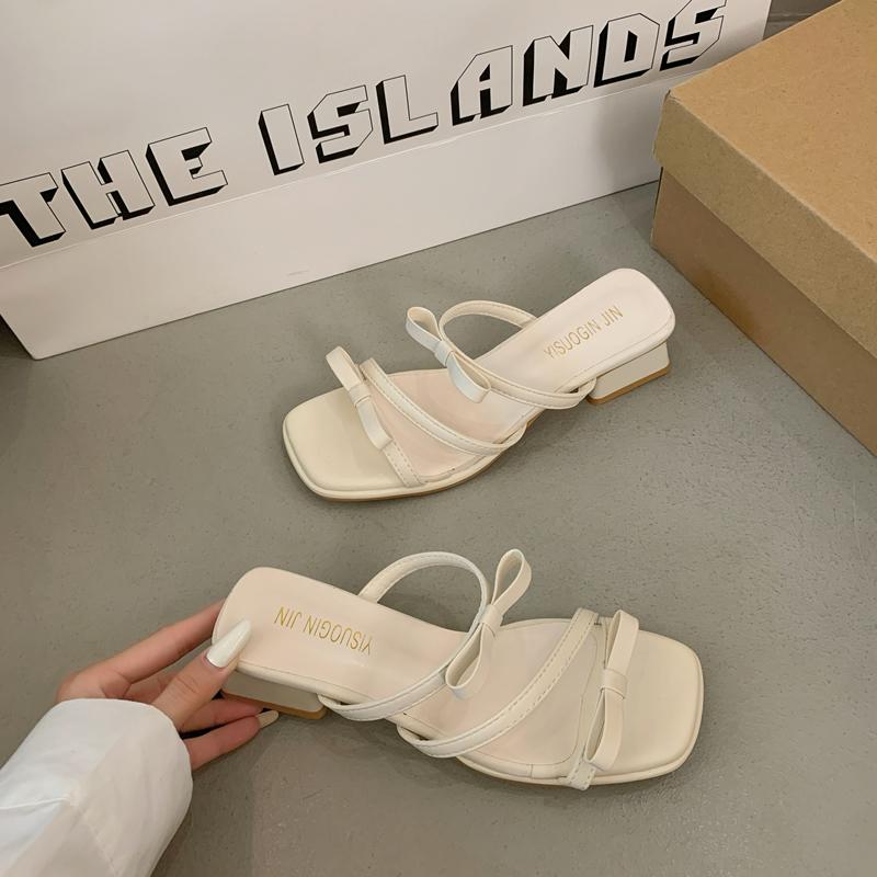 Korean Style High-End Women s Slippers Summer New Butterfly Knot Versatile Thick Heel Square Head Open Toe High Heels Sandals 35 жёлтый 2798₽