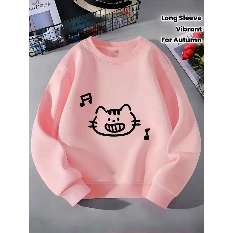 European sizes Kids' Crewneck Sweatshirt - Cute Cat Face with Music Notes , Sportswear And Casual Wear, Soft And Comfortable, Children's Clothing