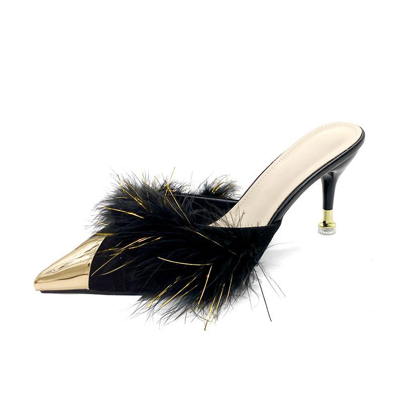 Large Size Pointed Stiletto Slippers Women's New Feather Suede Black Bag Head Sandals Half Slippers
