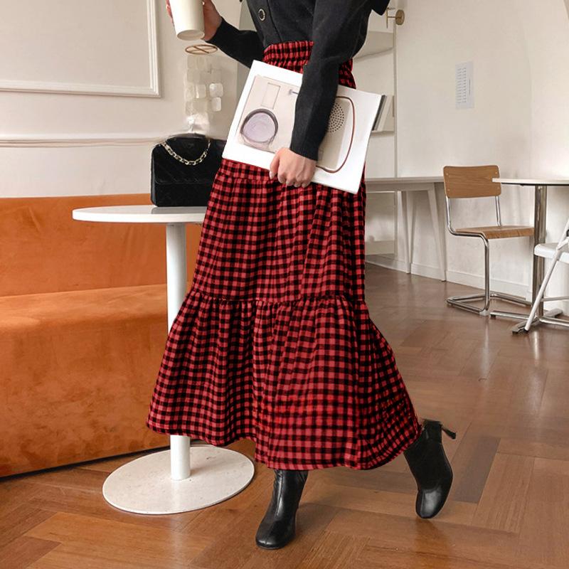 Falda Larga de Cuadros para Primavera y Otoño para Mujer de Cintura Alta con Vuelo Amplio Tipo Paraguas Falda A-line de Largo Medio Falda de Cuadros Retro