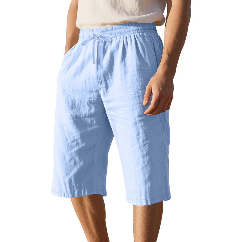 Summer Loose and Simple Solid Color Seven Quarter Pants Cotton and Linen Breathable Casual Sports Beach Men’s Shorts