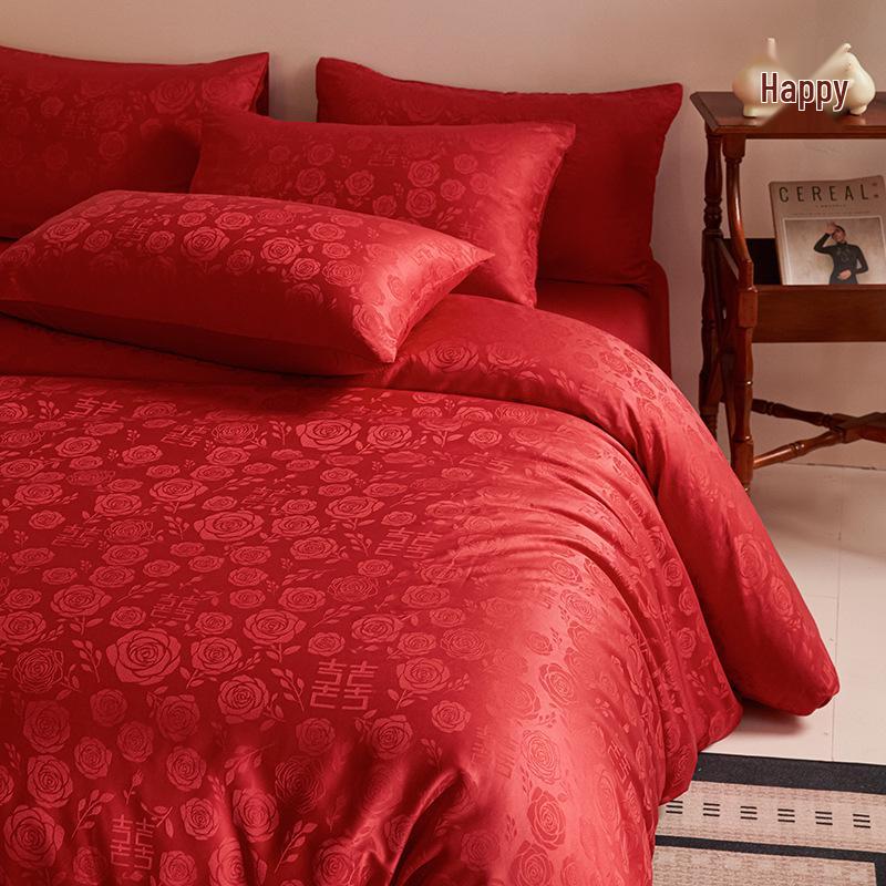 Rotes chinesisches Hochzeitsbettwäsche-Set: Braut-Bettbezug, Spannbettlaken und Happy Quilt für die Aussteuer