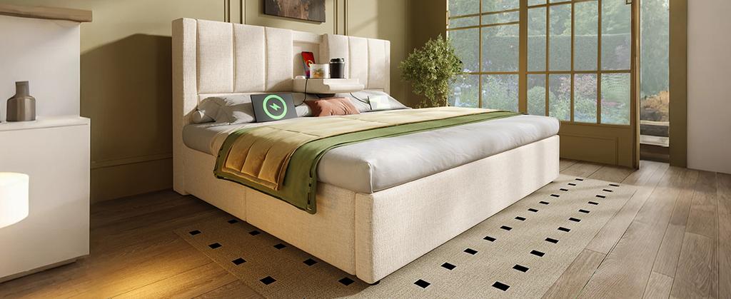 Upholstered Bed 140x200 cm Double with Hidden Cup Holder & Charging Station, Hydraulic with Storage Under the Bed, Linen Beige (Without Mattress)