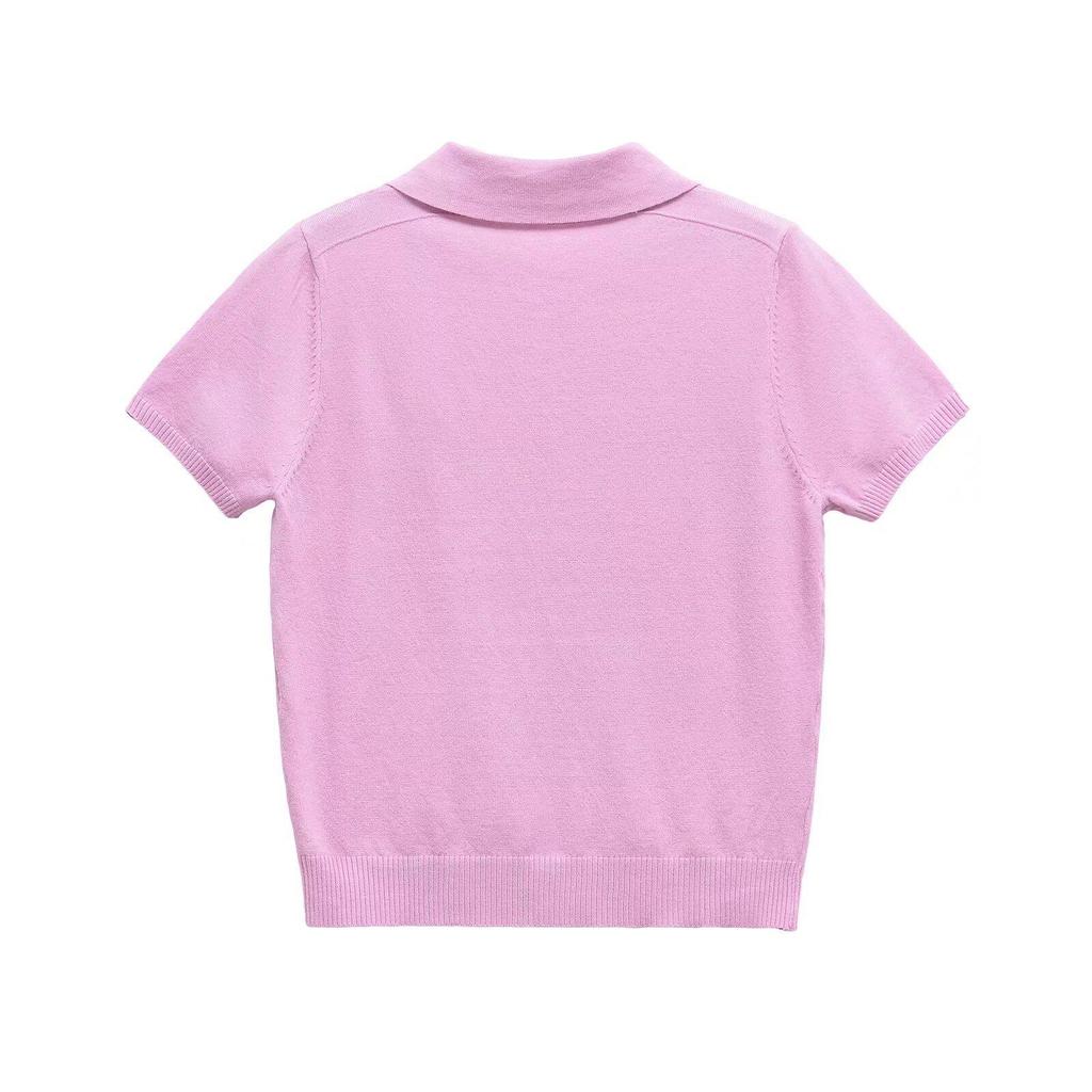 2025 Spring Women's Slim Fit Knit Sweater - Sweet & Simple Turn-Down Collar, Short-Sleeved