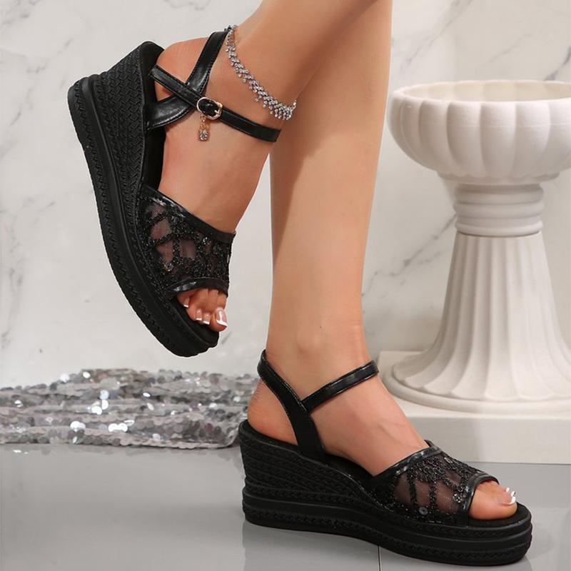 Fashion 2025 Summer Plus Size Mesh Sandals Women Bling Crystal Wedge Sandals for Women Fashion Buckle Strap Woman Sides
