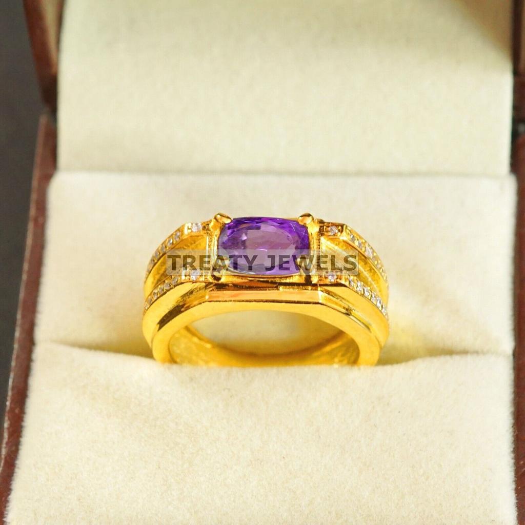 Amethyst Oval Cut With 925 Sterling Silver Gold Plated Ring For Men's #A677 JL375658849140