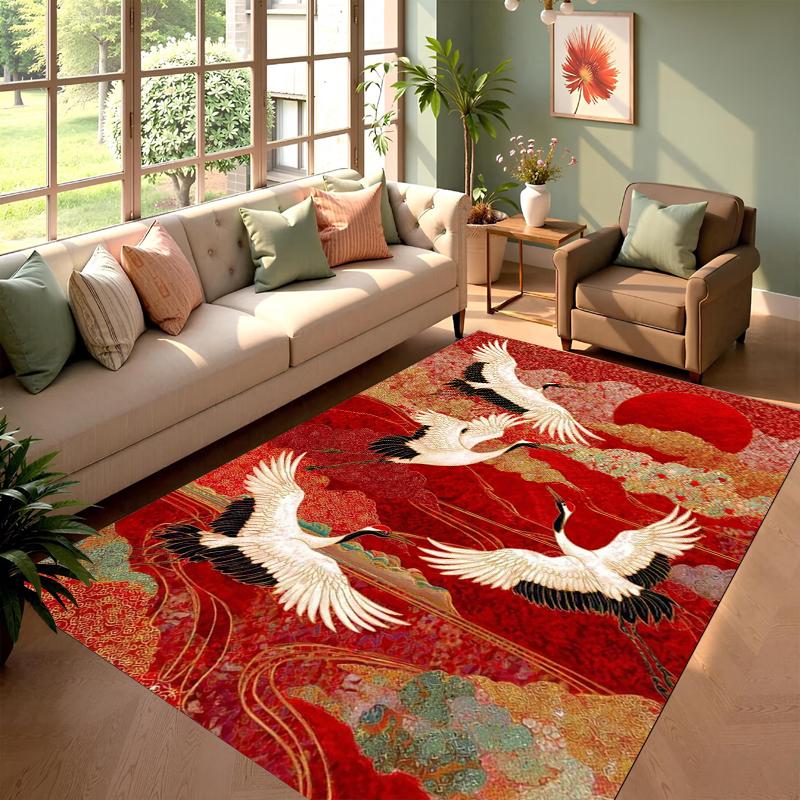 

Red Crane Swirl Area Rug Traditional Japanese Ukiyo-e Inspired Pattern Stain Resistant Carpet for Living Room Bedroom Entryway 40x60cm