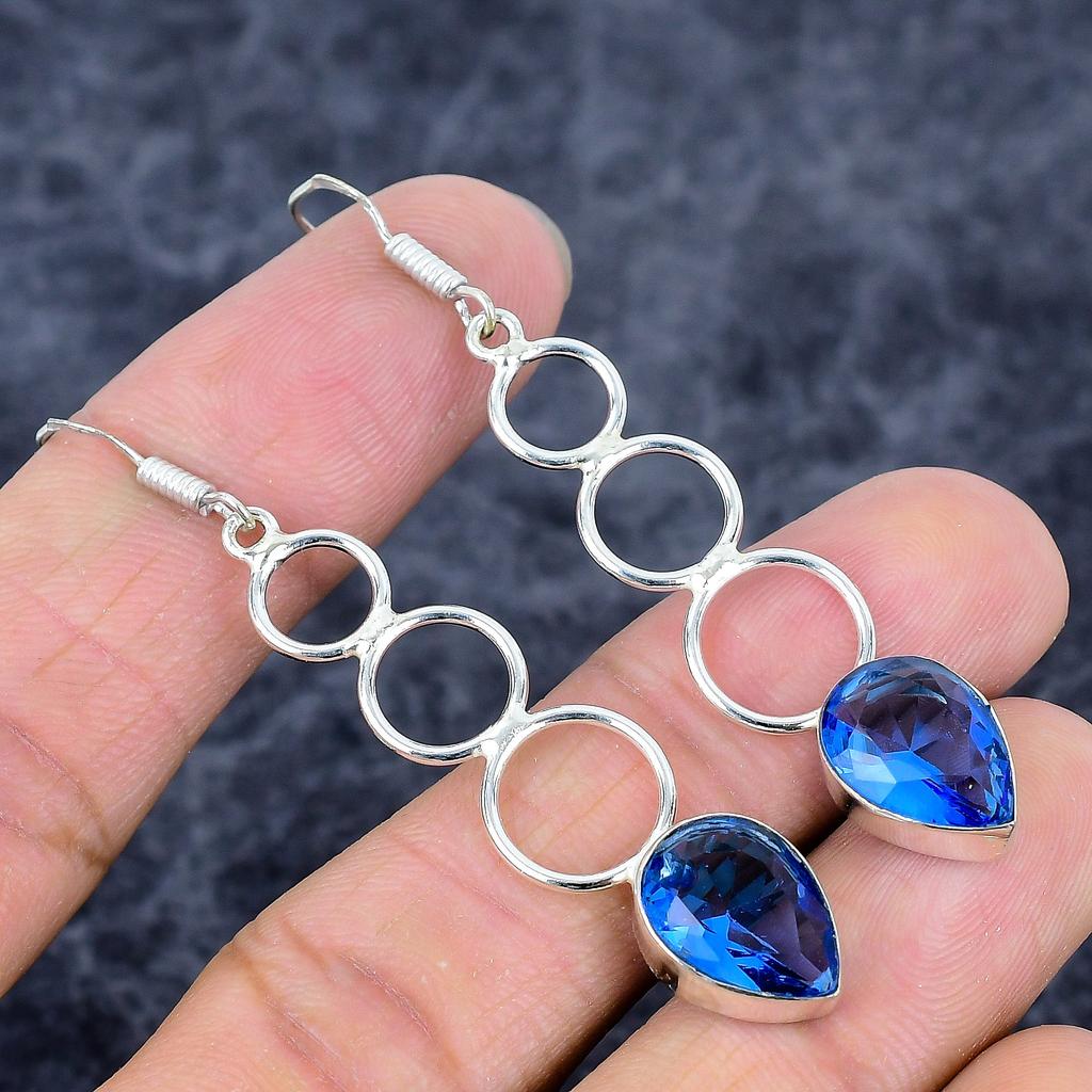 Blue Topaz Gemstone Handmade 925 Sterling Silver Jewelry Earring 2.64" M-3304