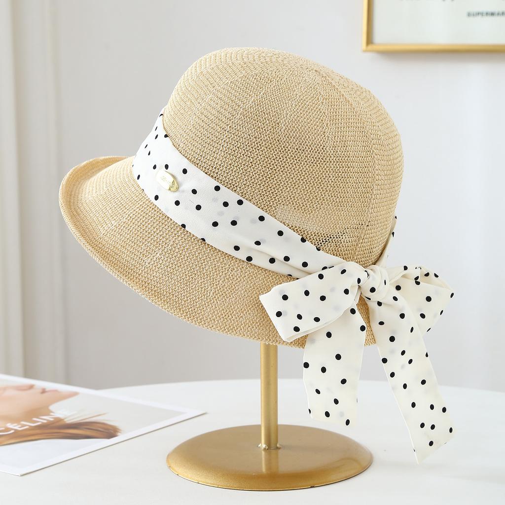 New polka bow summer straw hat adult women, makes face look smaller,-shading and-protective beach hat