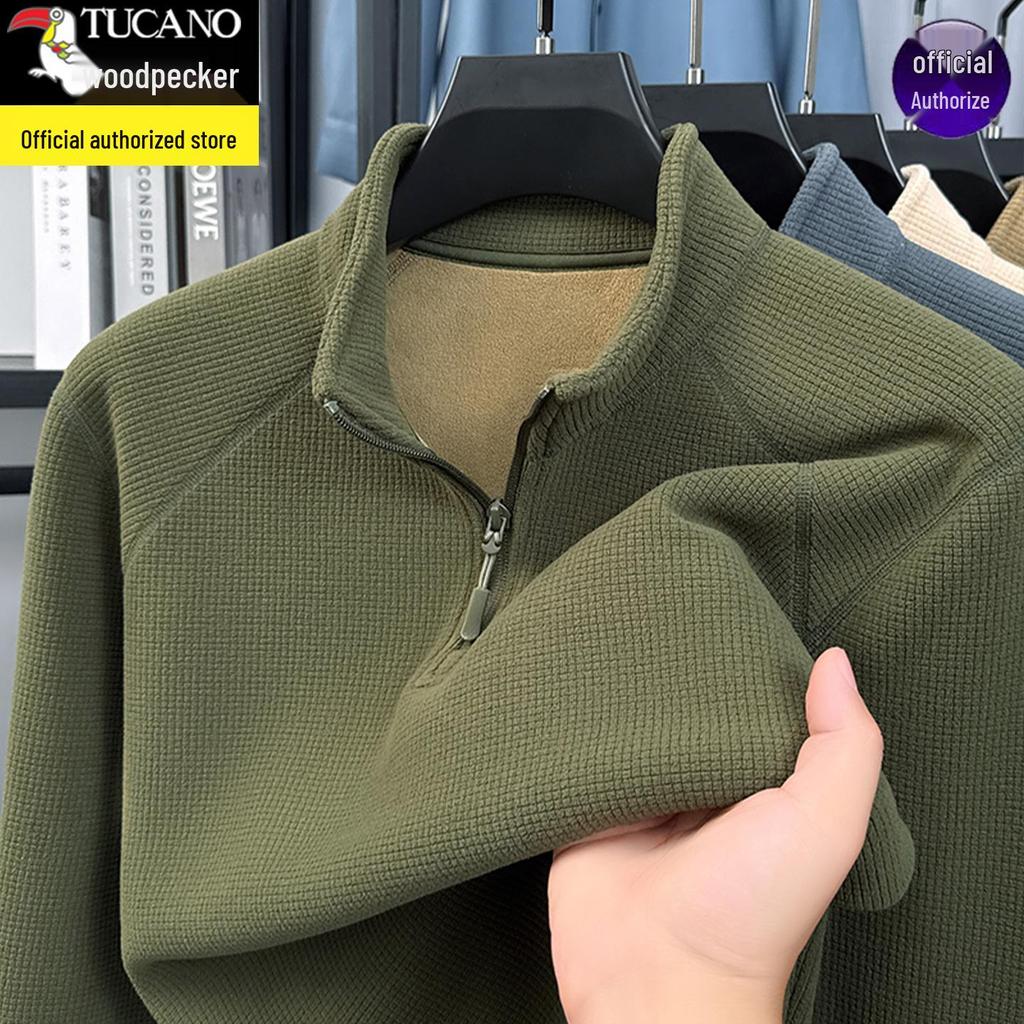 Woodpecker Men's Thick Velvet Fleece Hoodie with Half-Zip and Stand Collar for Autumn/Winter 2025