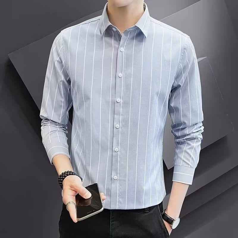 New Shirt Wrinkle Resistant and Iron Free Men's Long Sleeve Luxurious and Comfortable Lapel Slim Spring and Autumn Plaid Print