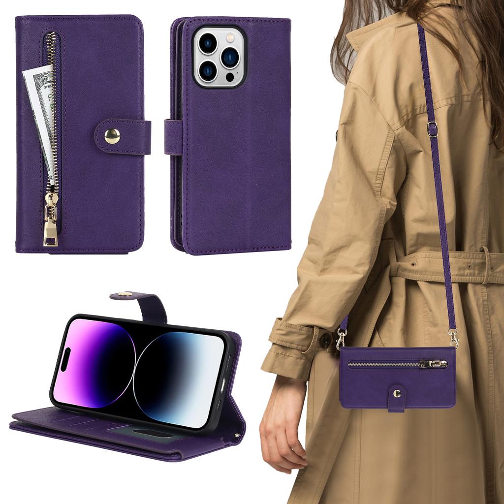 Crossbody Zipper Cards Bag Wallet Leather Case For iPhone 15 Pro Max 14 Plus 13 12 Mini 11 XR 7 8 SE 2022 Purse Pocket Lanyard