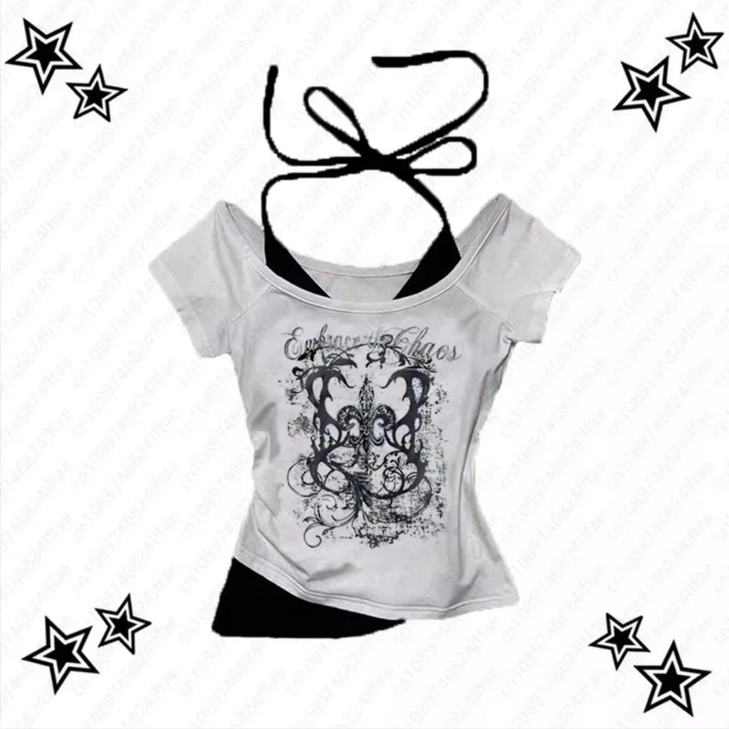 Women's 90s Vintage Punk T-Shirt Streetwear Sexy Short Sleeve Gothic Slim Crop Top Hotgirl Casual Femme Tee Harajuku Y2k