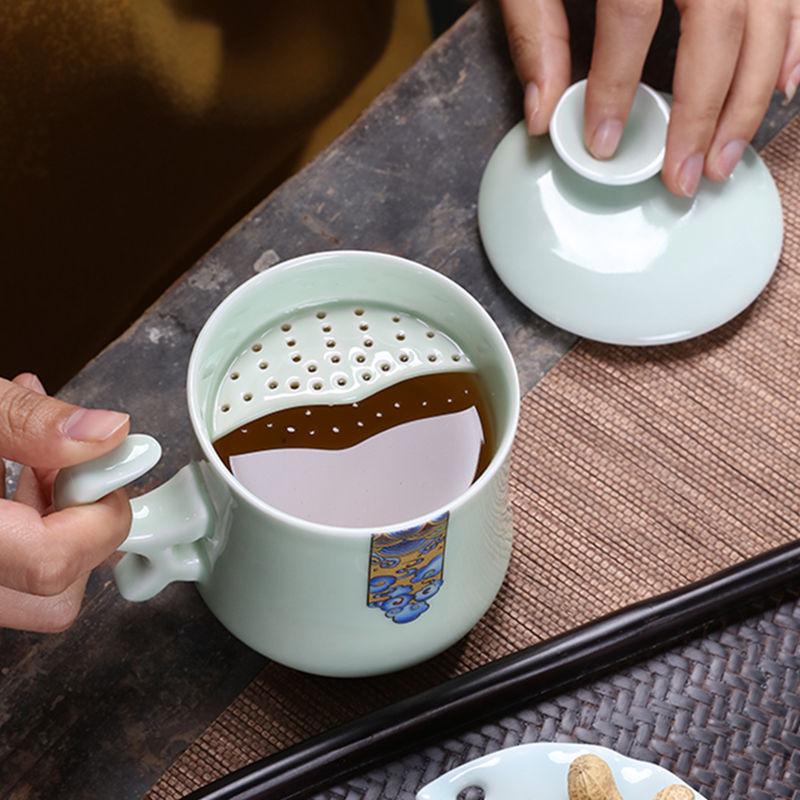 Ceramic Tea Cup with Lid Filter Tea Office Mug Jingdezhen Tea Set Celadon Cup Water Cup Teacup Mark Cup Drinkware