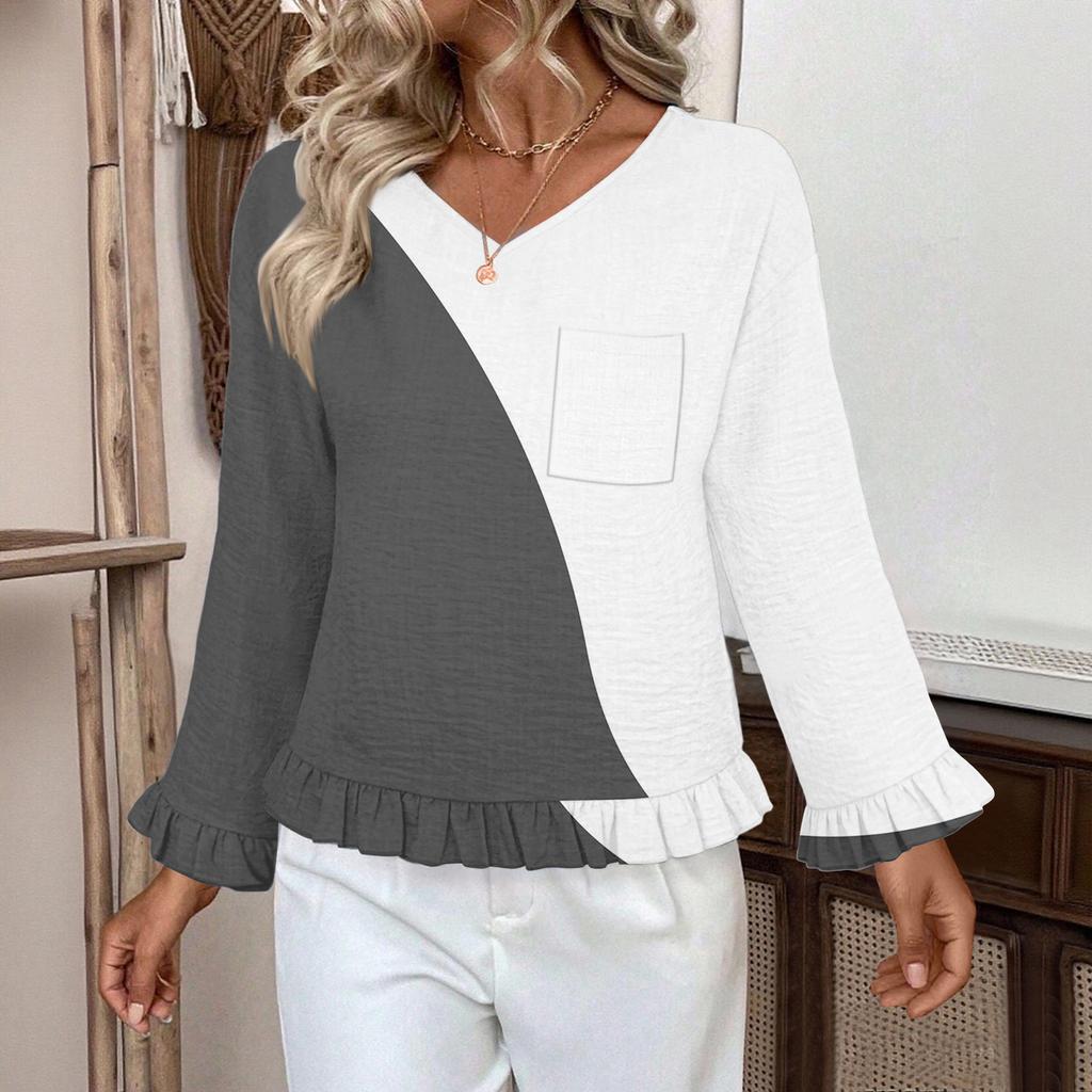 Dámský ležérní módní top s volánky, výstřihem do V, potiskem a dlouhým rukávem