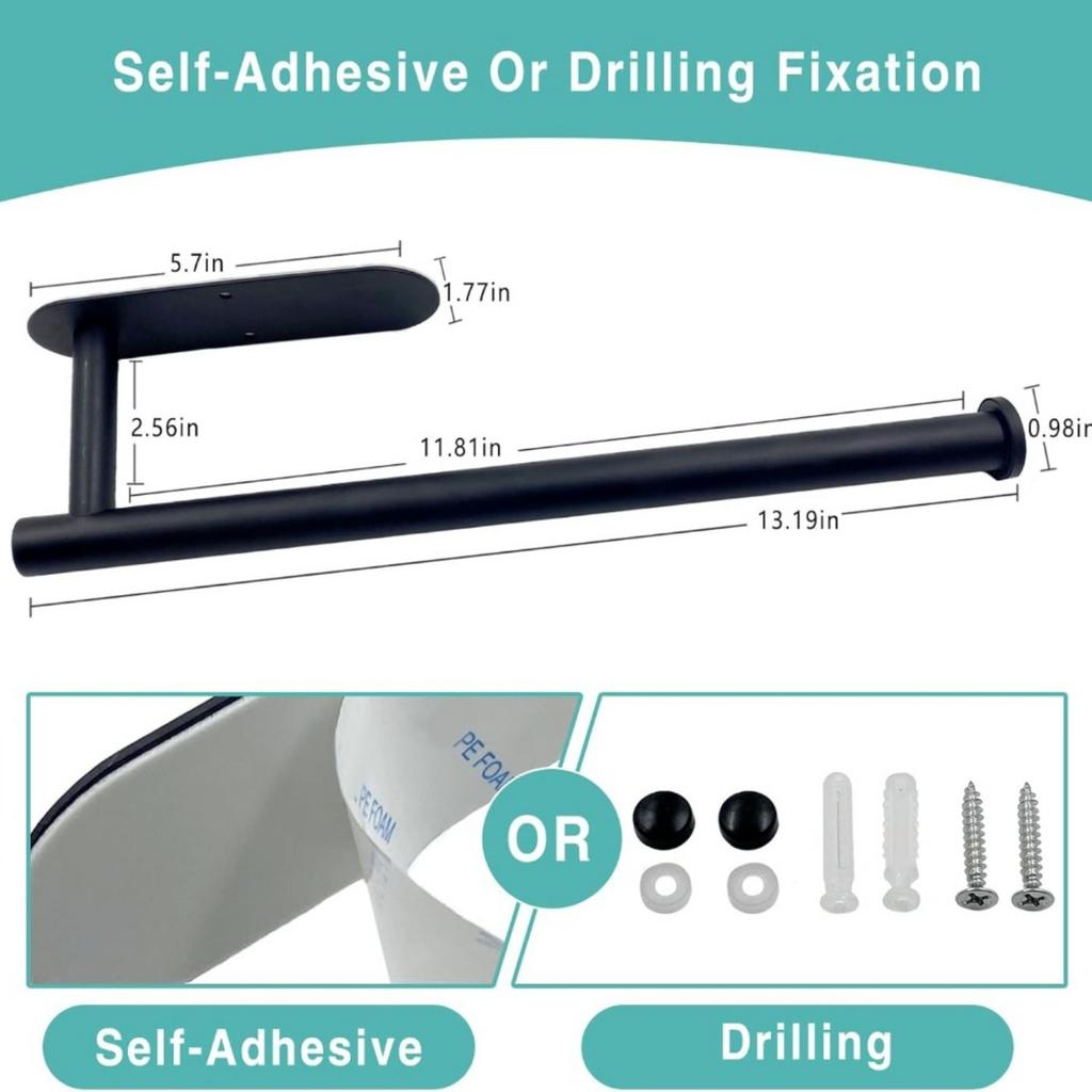 Paper Towel Holder, Self Adhesive or Drilling Paper Towel Holder Under Cabinet, Stainless Steel Black Paper Towel Holders Wall Mount for Kitchen,
